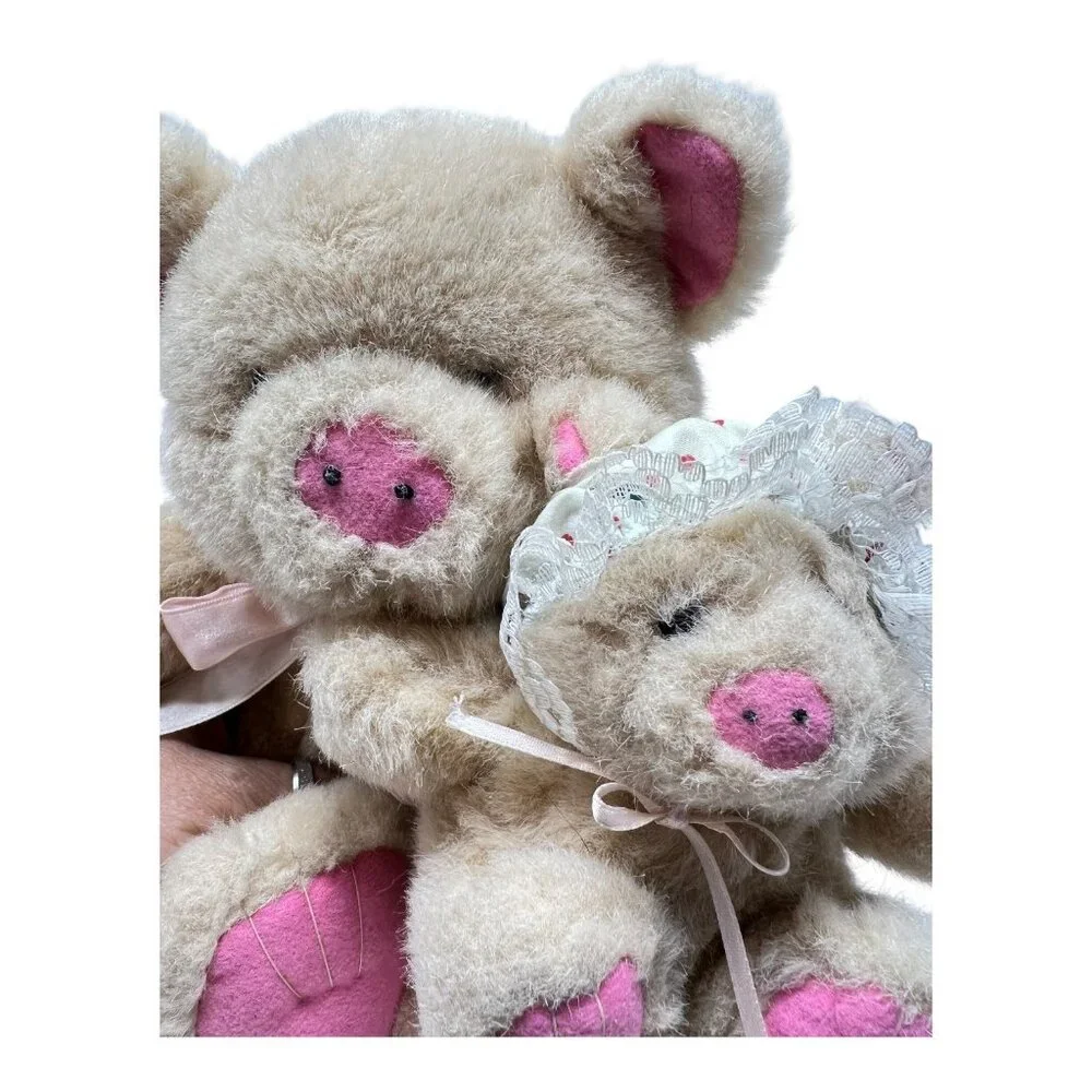 Sugar Loaf Mother Baby Pig Plush Stuffed Animal Pink Lace Polka Dot Dress Vtg - Picture 9 of 9